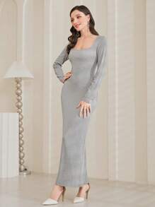 Modelyn Solid Square Neck Fitted Dress Without Belt - Grey - View 3