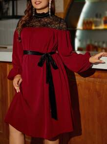 SHEIN Clasi Plus Size Lace Patchwork Lantern Sleeve Dress - Burgundy - View 1