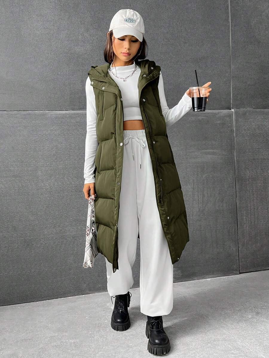 SHEIN EZwear Women's Sleeveless Long Puffer Jacket For Winter - Army Green - View 1