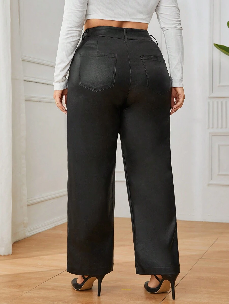 SHEIN Clasi Plus Size Plain Color High Waist Straight Leg Pants Fall Cloth For Women - Black - View 1