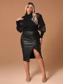 Shein Sxy大碼透明紗蓬袖拼接針織衫,新年婦女裝,聖誕裝和情人節裝 - 黑色 - 查看 5