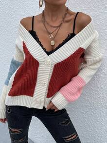 SHEIN Essnce 休閒前紐扣撞色女士開襟衫 - 白色 - 查看 5