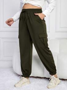 SHEIN Frenchy Hơn Túi nắp bên cạnh Eo dây rút Quần Cargo - xanh quân đội - Xem 3