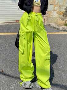 Solid Drawstring Hem Cargo Pants - Green - View 1