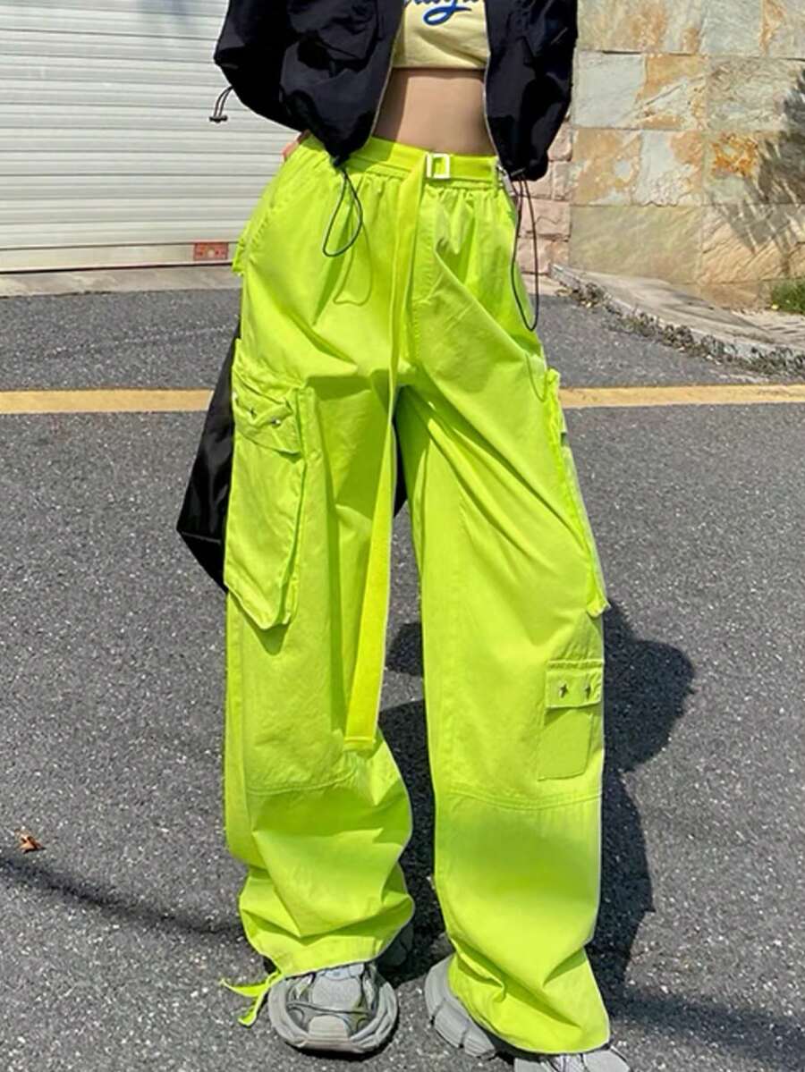Solid Drawstring Hem Cargo Pants - Green - View 1