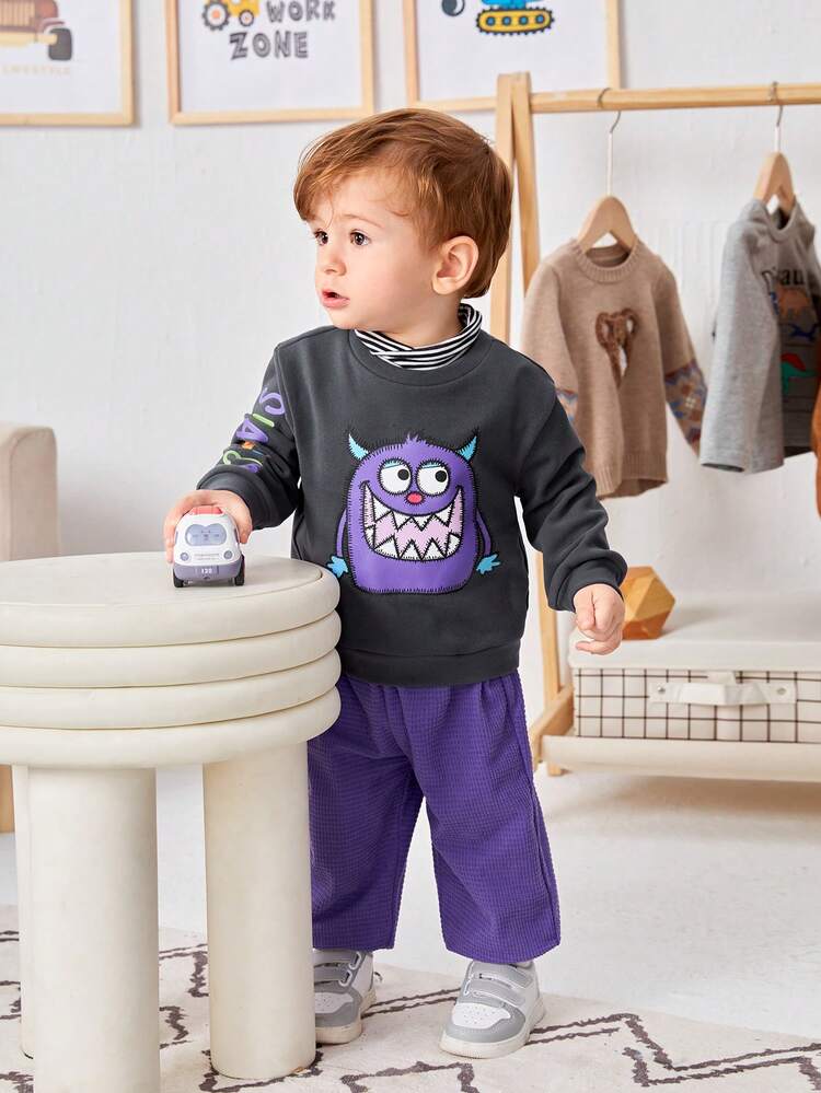 Unisex Baby Casual Little Monster Printed Long Sleeve Sweatshirt And Pants Set
