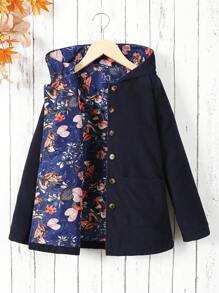 SHEIN Tween 女童印花连帽中长款羊毛面料 - 藏蓝色 - 查看 1