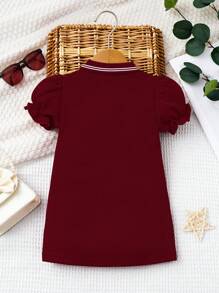 SHEIN 女嬰鐳射熊貼布條紋飾邊泡泡袖Polo洋裝