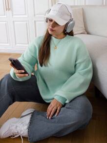 SHEIN EZwear Hơn Thả vai Áo len - Màu xanh ngọc - Xem 5