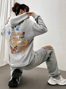 SHEIN Unity Sudadera con capucha de caída de hombros con cordón, estampado de eslogan y mariposa, sudadera de otoño - Gris Claro - Ver 3