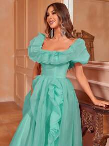 Square Collar Puff Sleeve Ruffle Trim Organza Dress - Green - View 4