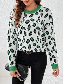 SHEIN LUNE Leopard Pattern Contrast Trim Drop Shoulder Sweater Knit Pullover Fall Winter Outfit