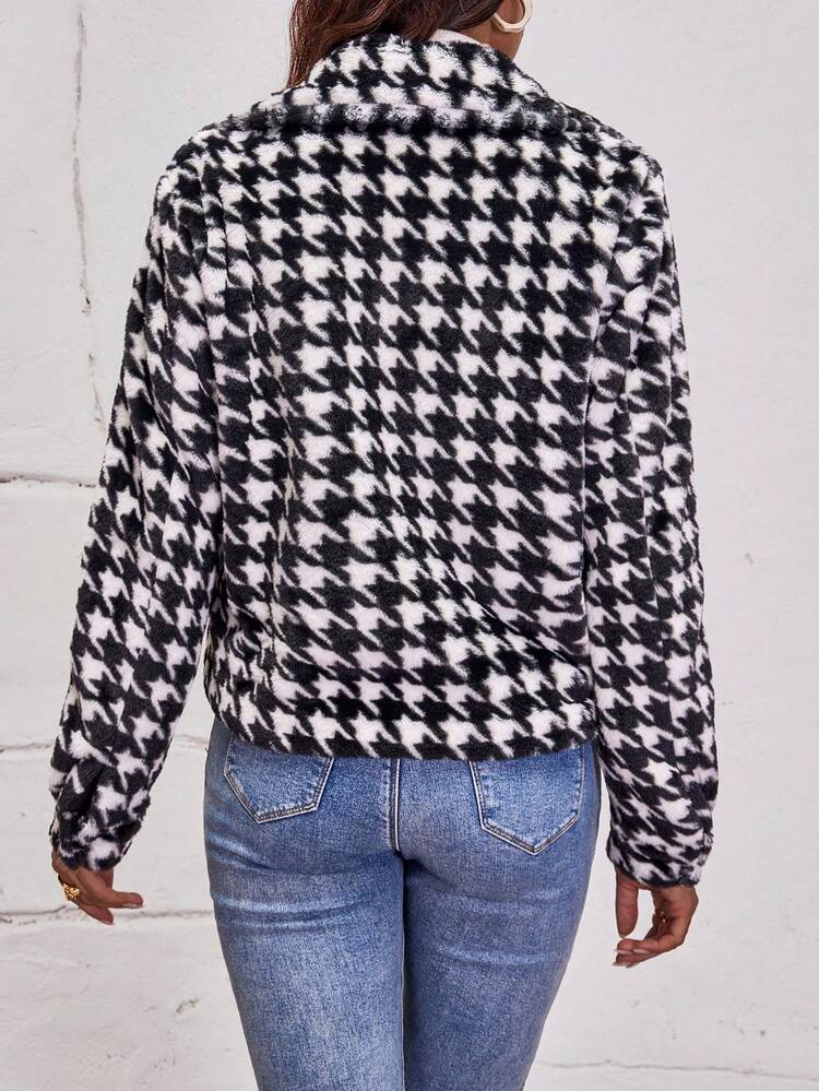 Houndstooth Print Flap Pocket Jacket Fall Cloth For Women