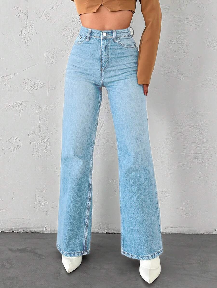 EURMUSE High Waisted Straight Leg Jeans - Light Wash - View 1