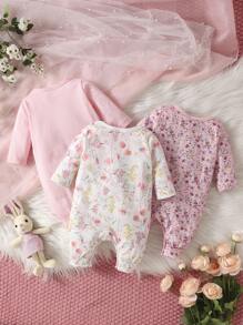 SHEIN Baby Girl 3pcs Casual Floral Printed Ruffle Romper - Multicolor - View 2