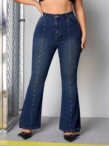 SHEIN ICON Plus Size Denim Flared Pants With Stud Detail - Dark Wash - View 1