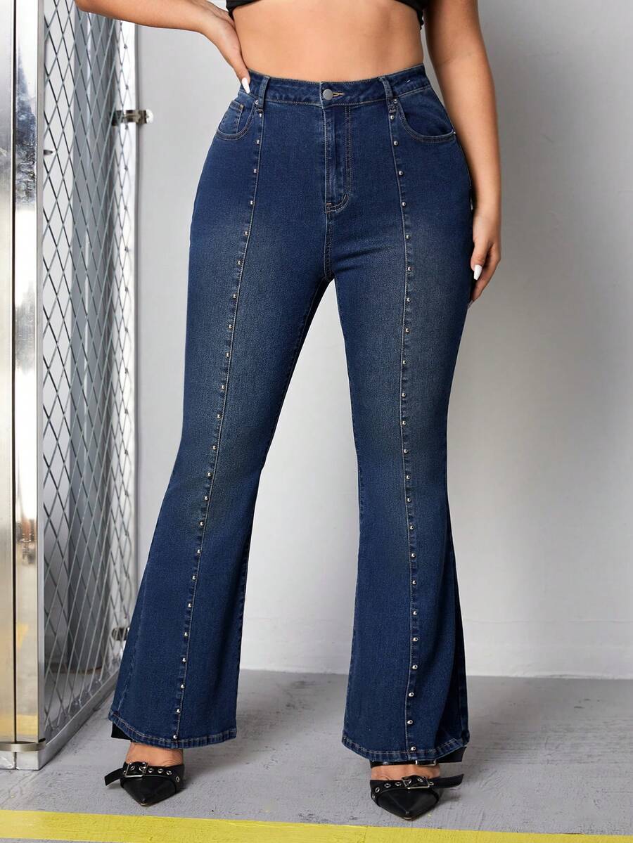 SHEIN ICON Plus Size Denim Flared Pants With Stud Detail - Dark Wash - View 1