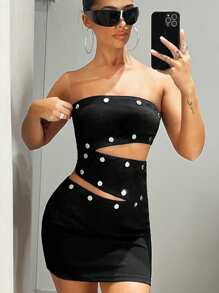 SHEIN ICON Button Detail Cut Out Tube Bodycon Dress - Black - View 4