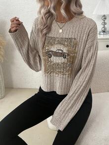 SHEIN LUNE 汽车图案落肩针织套头衫秋冬毛衣 - 杏色 - 查看 3
