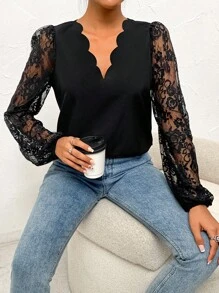 SHEIN Clasi 蕾絲拼接燈籠袖貝殼邊襯衫 - 黑色 - 查看 4