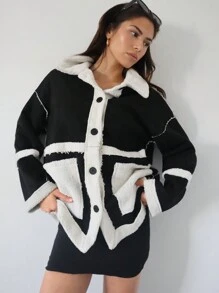 SHEIN Essnce 撞色前紐扣雙口袋落肩袖外套 - 黑色 - 查看 1