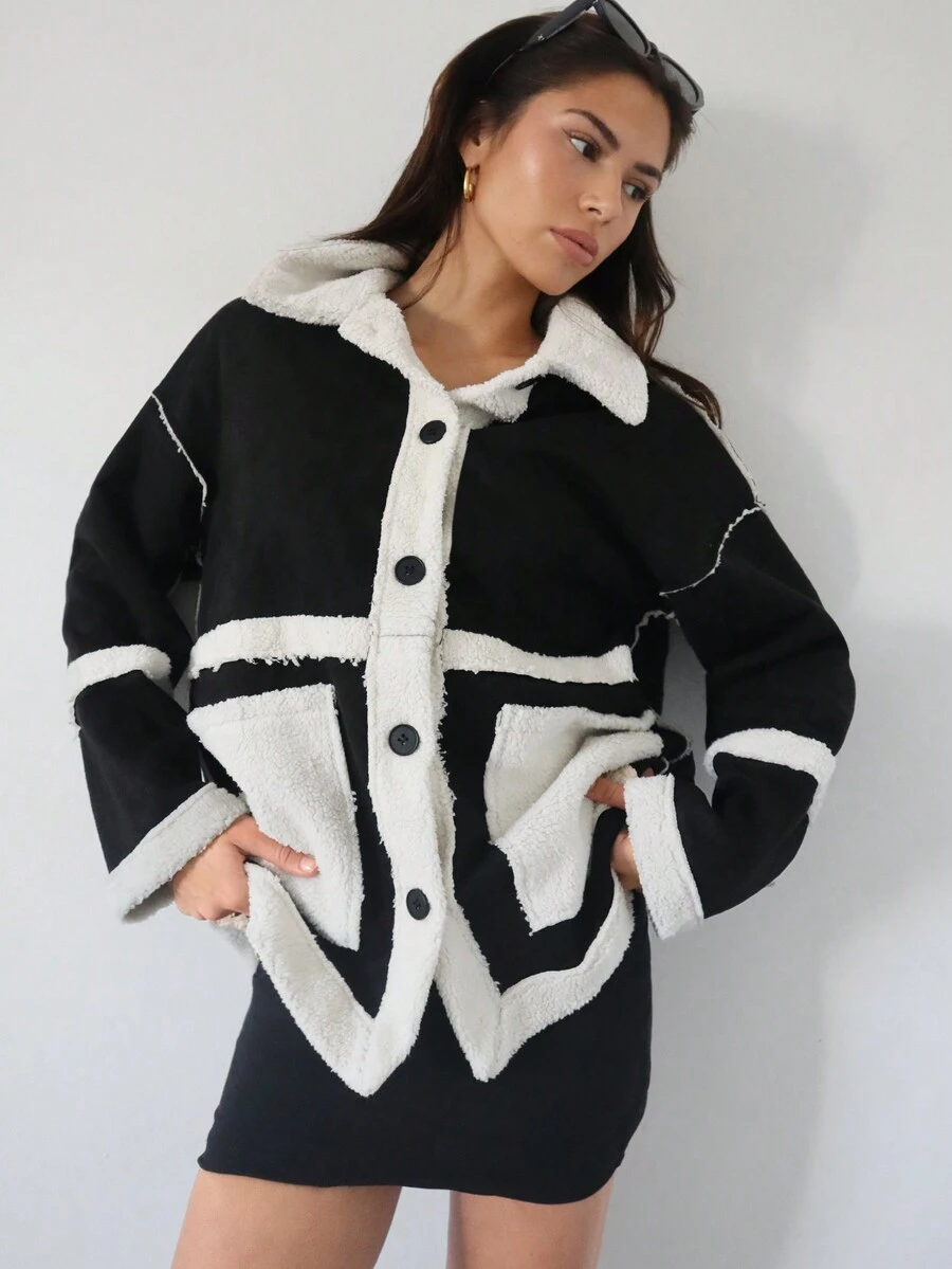 SHEIN Essnce 撞色前紐扣雙口袋落肩袖外套 - 黑色 - 查看 1