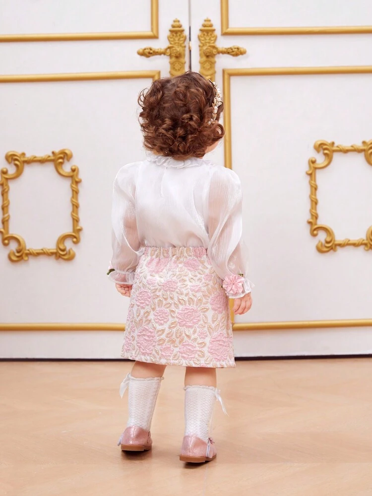 2pcs Baby Girls' 3d Floral Applique Organza Blouse And Jacquard Skirt Set