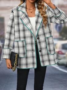SHEIN LUNE Abrigo con estampado de cuadros con doble bolsillo unido en contraste - Verde - Ver 1