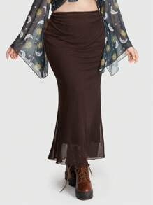 ROMWE Fairycore Kích thước lớn Lưới Sợi Bên Buộc Váy - màu nâu - Xem 1