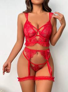 SHEIN 5pcs Sexy Lingerie Set Including Lace Underwire Bra, G-String, Garter Belt, And 2pcs Leg Rings, Valentine's Day Edition - Red - View 6