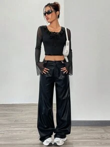 SHEIN Unity Ruffle Trim Flounce Sleeve Knot Front Crop Top - Black - View 5