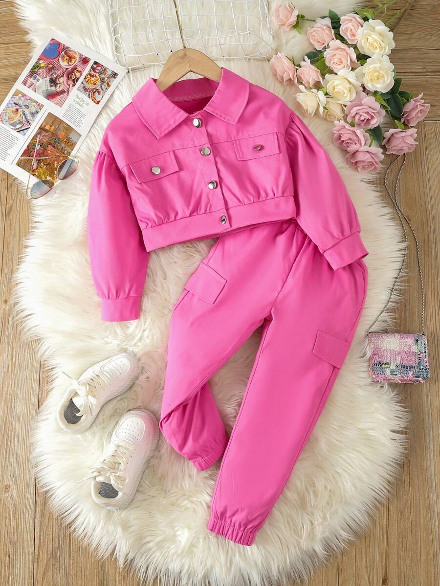 SHEIN 休閒口袋 前紐扣純色女童（小）兩件套 - 玫紅色 - 查看 1