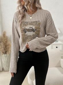 SHEIN LUNE 汽车图案落肩针织套头衫秋冬毛衣 - 杏色 - 查看 1