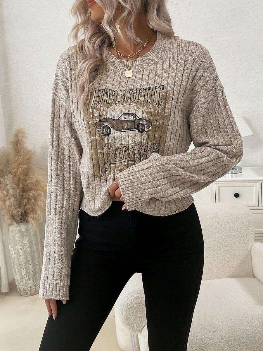 SHEIN LUNE 汽车图案落肩针织套头衫秋冬毛衣 - 杏色 - 查看 1