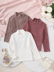 SHEIN 女小童3入組小高領羅紋針織T恤 - 彩色 - 查看 3