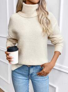 SHEIN Essnce Áo cao cổ Thả vai Áo len - Màu be - Xem 6