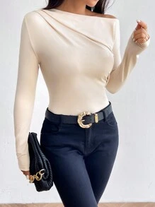 SHEIN Privé 素色不對稱領T恤 - 米色 - 查看 4