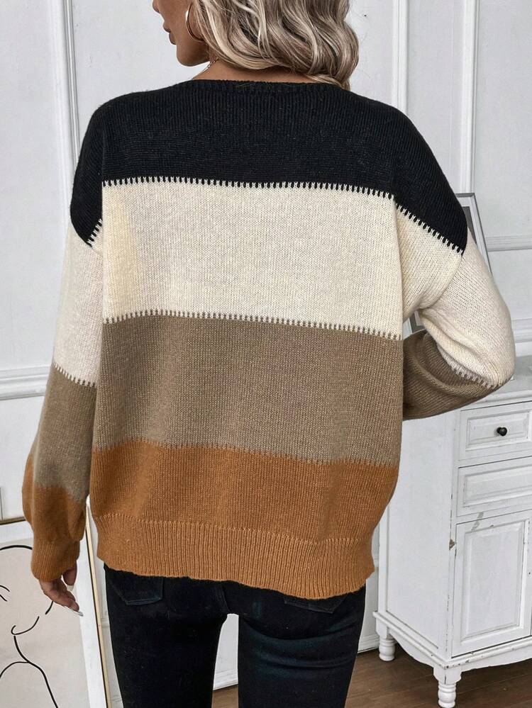 Color Block Drop Shoulder Knit Pullover Fall Winter Sweater