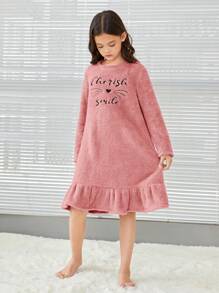 SHEIN 女大童刺繡字母&卡通圖案荷葉邊絨毛睡裙 - 藕粉色 - 查看 4