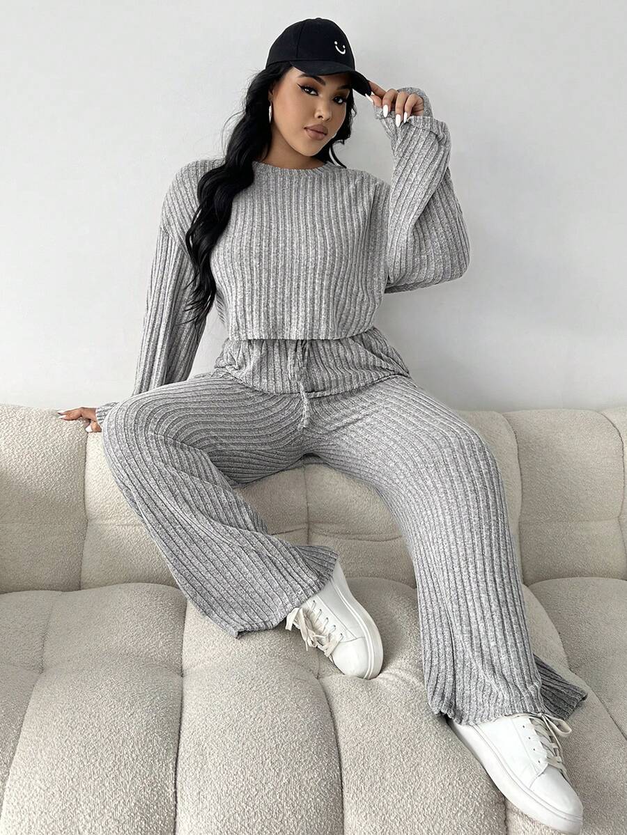 SHEIN EZwear 大碼落肩T恤&腰上打結長褲 - 淺灰色 - 查看 1