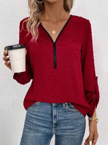 SHEIN LUNE 拉鍊半釦紋點織物恤衫,卷起袖子款式 - 酒紅色 - 查看 1