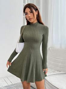 SHEIN PETITE Mock Neck Ribbed Knit Spring Women Dress - Olive Green - View 4