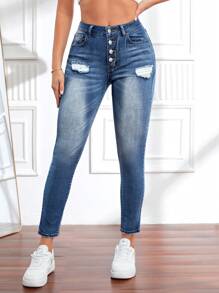 口袋 破洞 前紐扣純色女士牛仔褲 - 藍色 - 查看 4