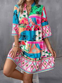 Breezaya Geo Print Flare Sleeve Ruffle Hem Smock Dress