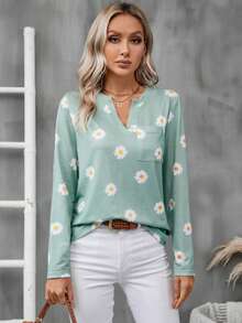 SHEIN LUNE Camiseta Con Bolsillo De Parche Y Estampado De Margaritas - Verde - Ver 5
