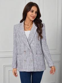 SHEIN Clasi Plaid Pattern Double Breasted Tweed Blazer