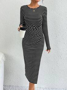 Chiquease Striped Print Ruched Front Split Thigh Dress Maxi Women Outfit - Black and White - View 5