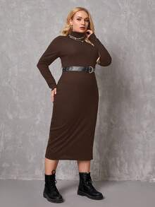SHEIN Essnce 大碼高領高衩洋裝 - 咖啡棕 - 查看 5