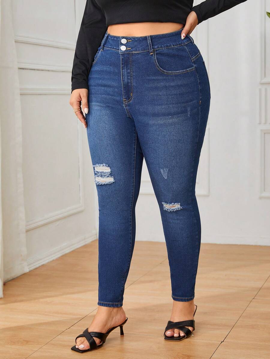 SHEIN Privé 大碼仿舊緊身牛仔褲 - 深色水洗藍 - 查看 1