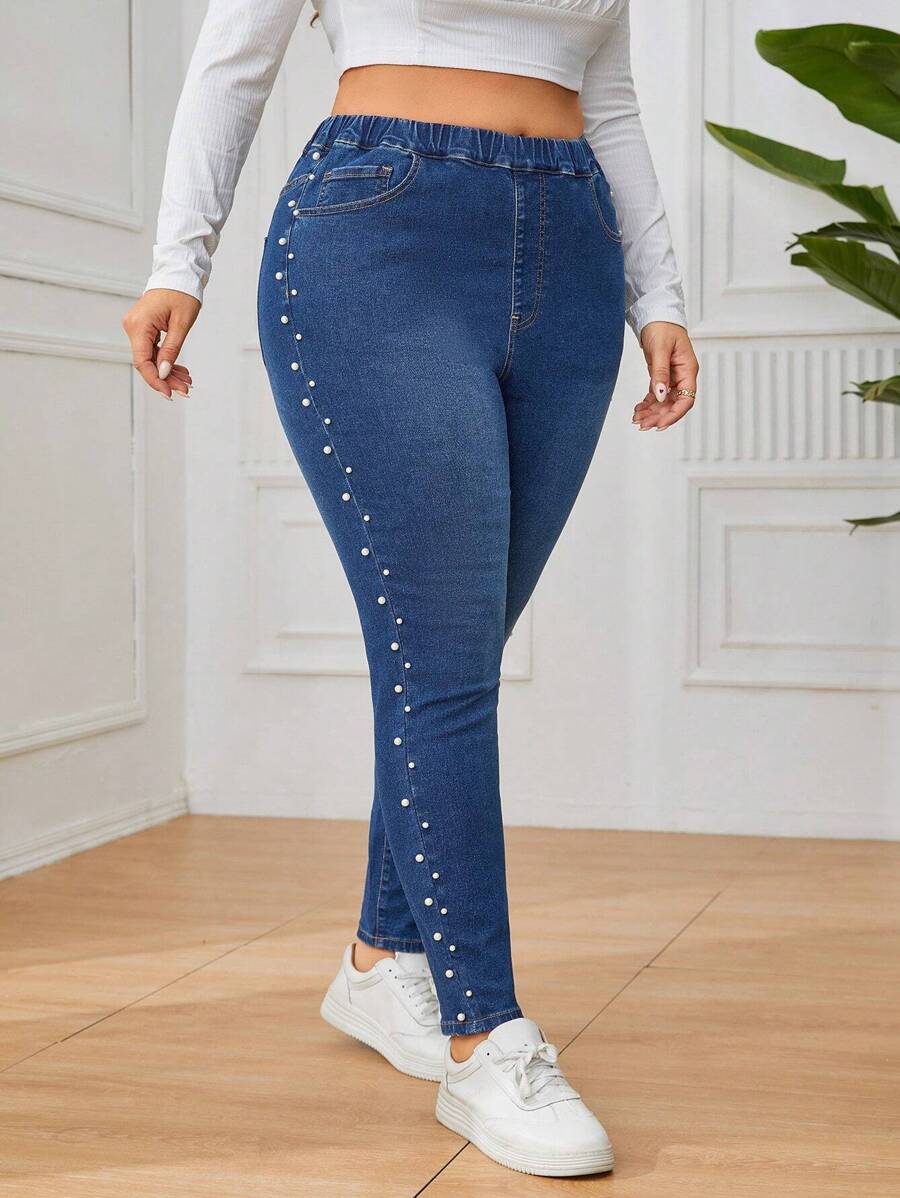SHEIN Privé Plus Size Pearl Beaded Skinny Jeans - Dark Wash - View 1